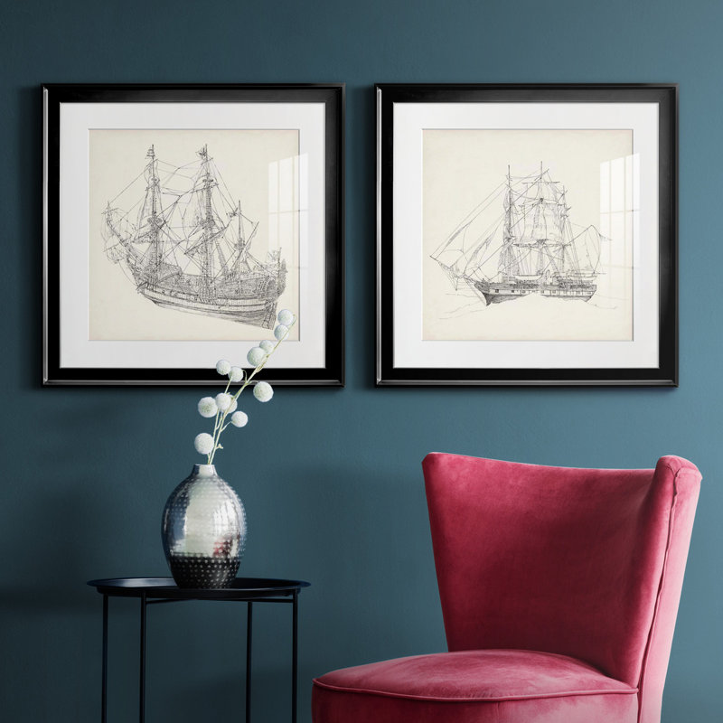 Croquis de bateau antique I Croquis de bateau antique I - ensemble de 2 reproductions de dessins encadrés, Blanc