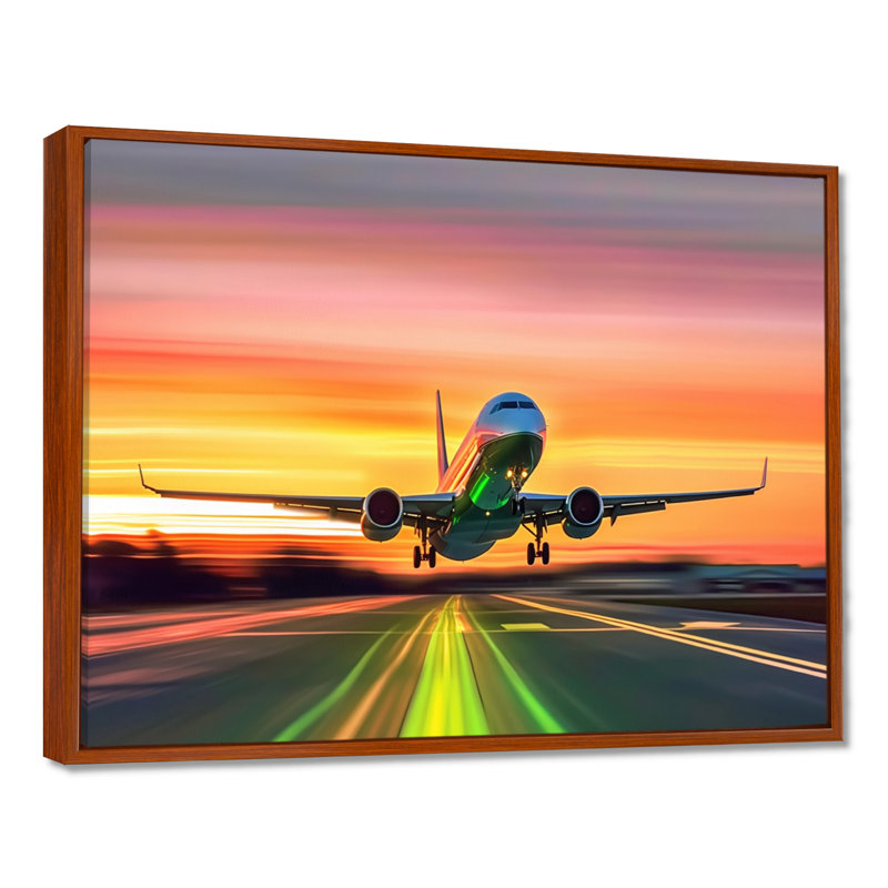 Coucher de soleil sur l'avion sur le tarmac II - art mural sur toile transport, H 24 po x l 32 po x P 1 po