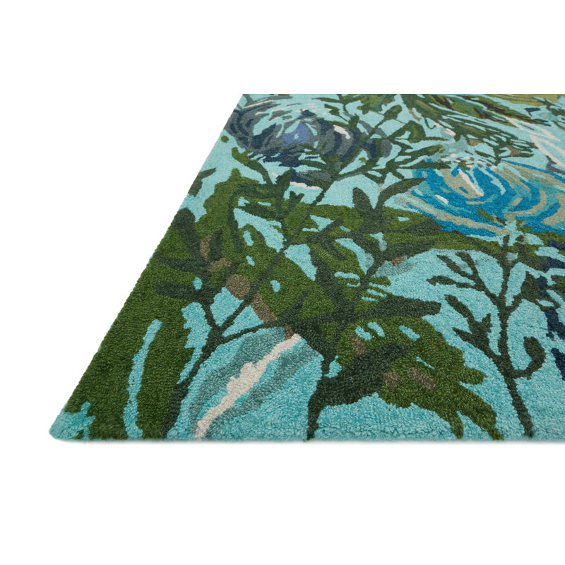 Tapis turquoise / vert en laine crocheté à la main Bobtown, Rectangle 7 pi 9 po x 9 pi 9 po