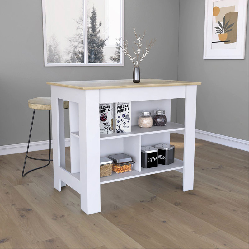 Îlot de cuisine, table de cuisine H 35 po, quatre pieds, trois tablettes de rangement ouvertes, Blanc