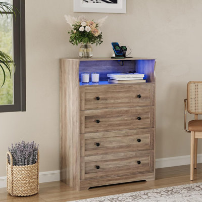 4-Drawer Wooden Dresser with Charging Station & LED Lights, Narrow Storage Organizer for Bedroom