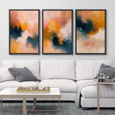 Abstract Colorful Strokes " Orange Navy Triptych Bright Abstract Modern Colorful Paint Strokes Cool Artwork Pictures " 3 - Pieces