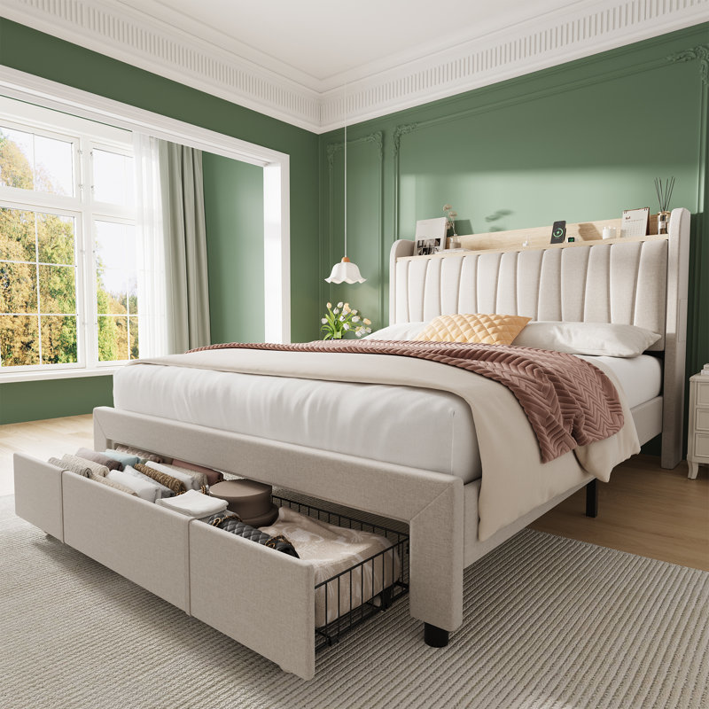 Structure de lit double avec tiroirs de rangement et station de charge, conception silencieuse, support de lattes en bois, cadre de lit rembourré, aucun sommier requis, assemblage facile, beige