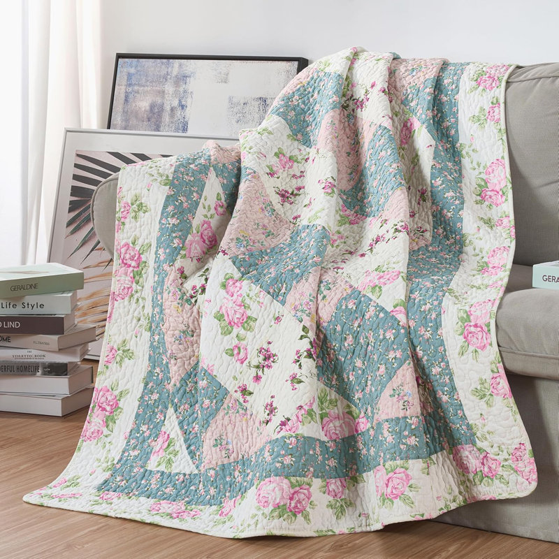 Gayle Cotton Patchwork Quilted Throw, Blue/Ivory/Pink Patchwork
