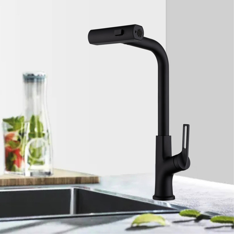 Kitchen Waterfall Faucet With Pull-Down Spray Head, Matte Black, Single Lever, Hot And Cold Water, Three Choices Sink Pull Down , Black Surface, 360 Turning, Handle, Modes