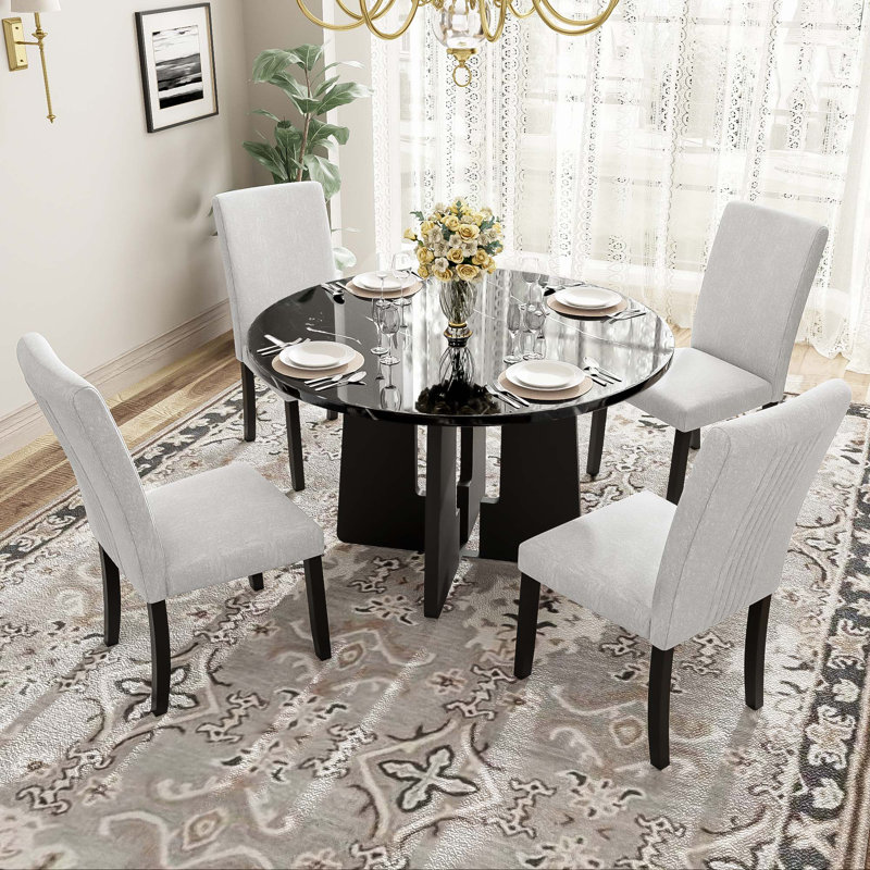 5-Piece Round Dining Table Set, White, Black