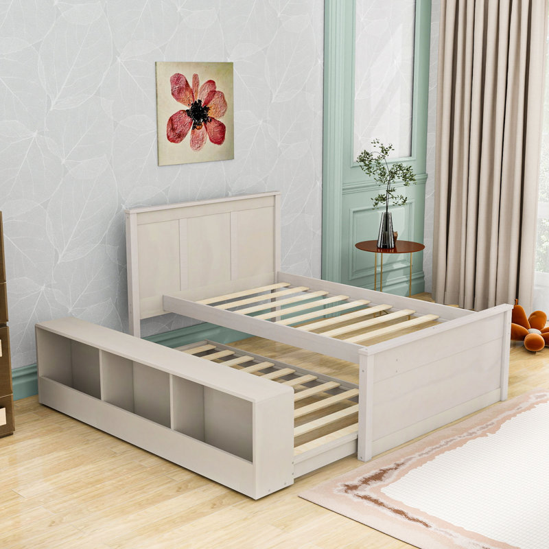 Lit plateforme en bois avec tablettes, lit gigogne et tête de lit, Lit simple, Blanc, crème