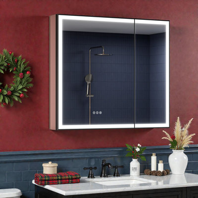Black Framed Medicine Cabinet with Lights and Mirror, Recessed/Surface, Plug-in/Hardwired, Outlets+USBs, 3 Colors/Dimmer/Inner Sensor Light/Defog, Magnetic Area