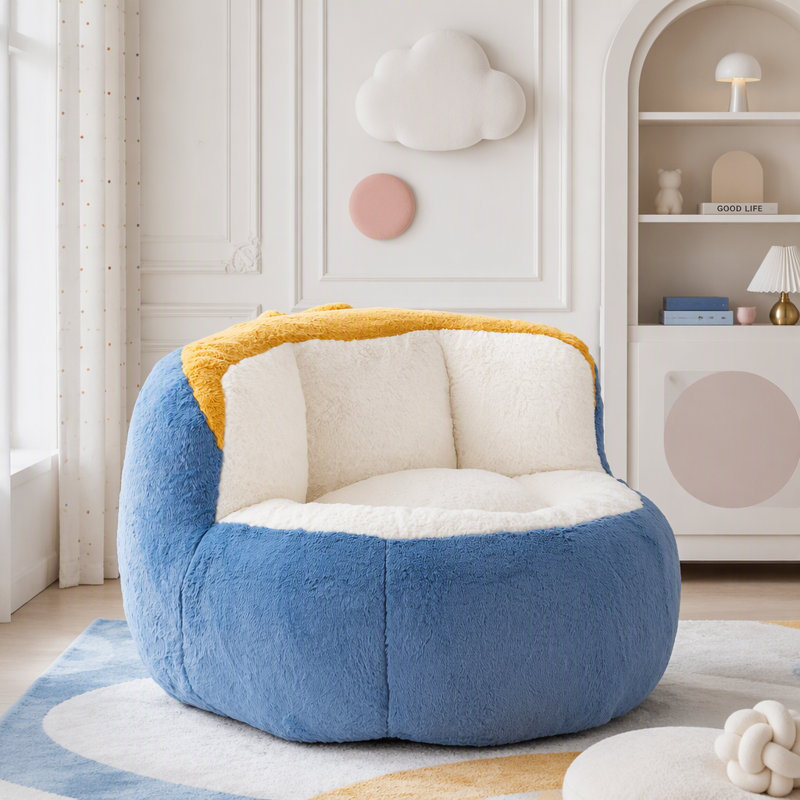 Upholstered Accent Chair with Ottoman, Blue+White+Yellow Faux Fur