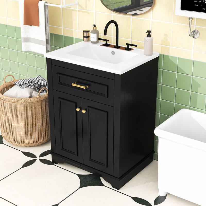 Meuble-lavabo de salle de bain avec lavabo, 2 portes à fermeture en douceur et tiroir basculant, Noir