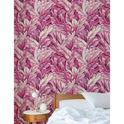 Pink Feather Pattern Wallpaper Elegant Boho Chic Wall Mural Luxurious Floral Leaf Design