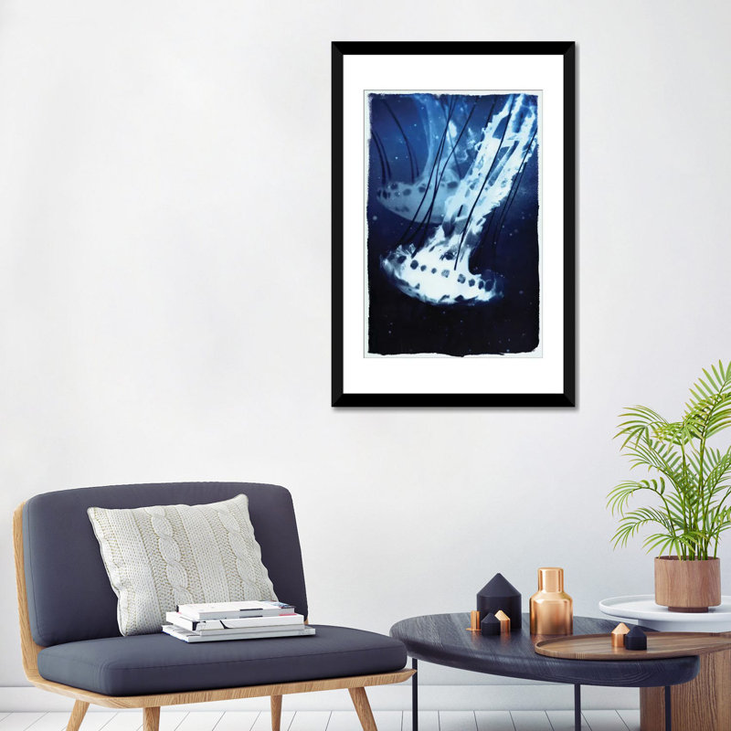 « indigo jellyfish », impression sur toile, H 24 po x l 16 po x P 1 po, Papier beaux-arts encadré noir, Blanc