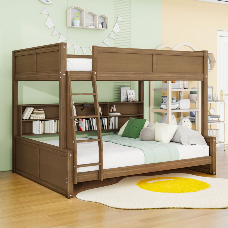 Lit superposé en bois avec tablettes de rangement et ports USB, Double TG sur grand, Couleur de bois antique