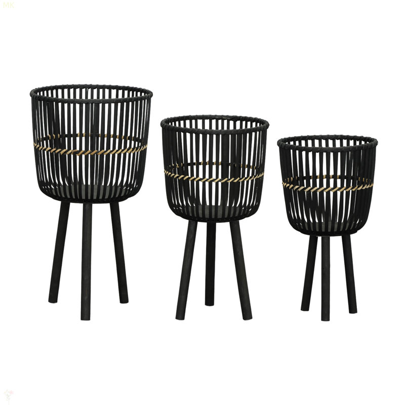S/3 Bamboo Footed Planters, Black, 26.97" H x 15.05" W x 15.05" D