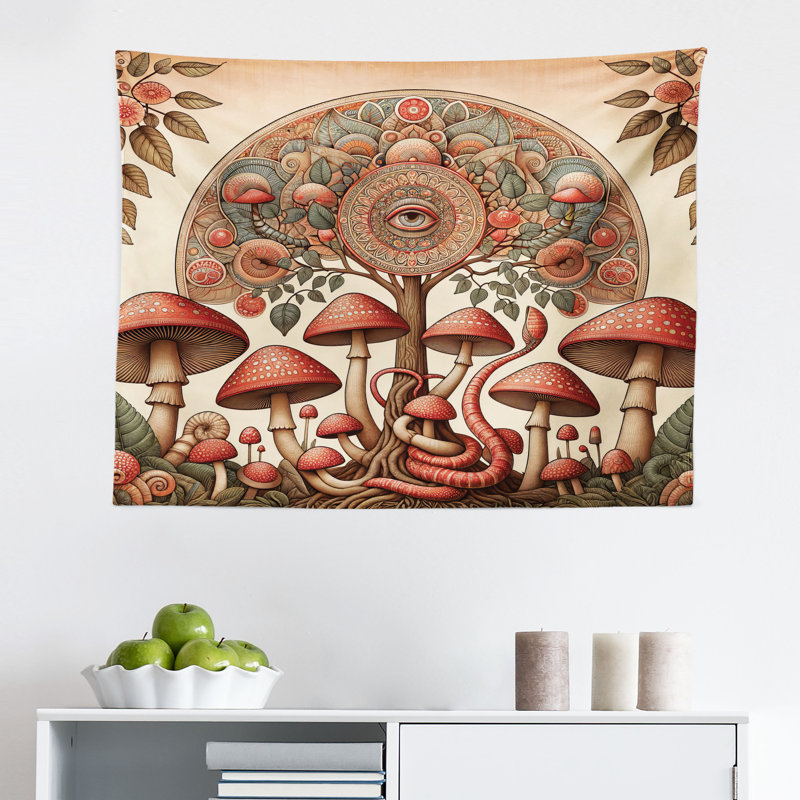 August Grove Hippie Wall Hanging Tapestry Psychedelic Leaves Eye Art Dark Pink Reseda Green, H 30 po x l 45 po