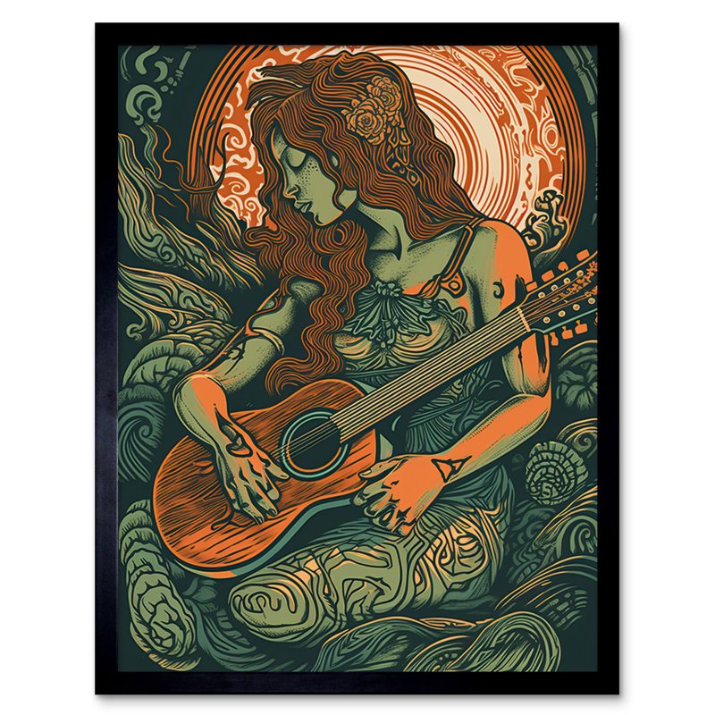 Batha Melancholic Woman With Guitar Linocut - Single Picture Frame Print