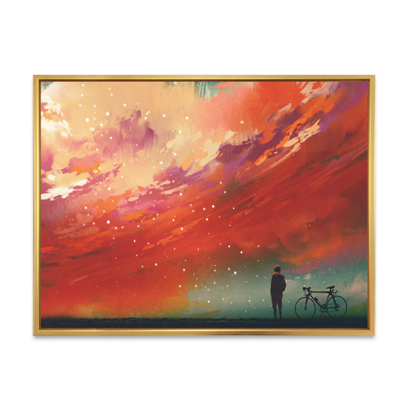 «Video Game Man Bicycling Galatic Storm - Décoration murale moderne en toile, H 8 po x l 12 po x P 1 po, Cadre flottant doré