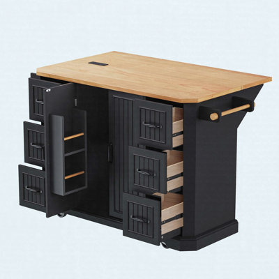 56 inch Kitchen Island with Rubber Wood Veneer Drop Leaf, Power Outlet, 4 Door Shelves, Embossed Vertical Stripe Rolling Kitchen Cart on 4 Wheels with 6 Deep Drawers for Kitchen, Dining Room,Black