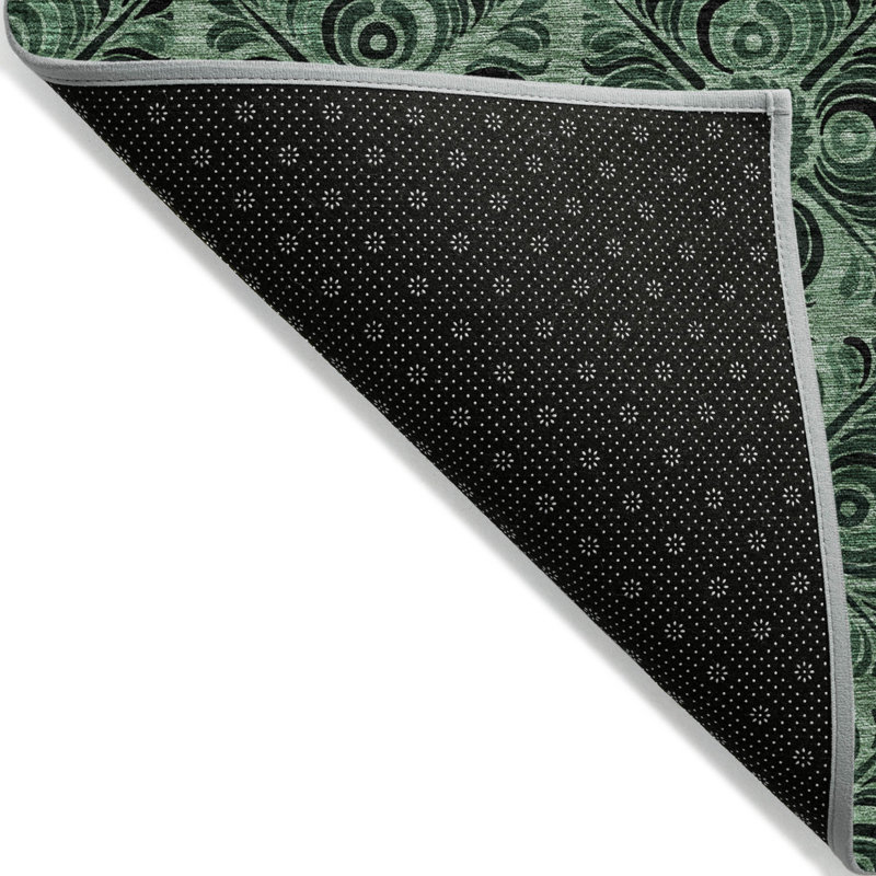 3' X 5' Fern Green And Charcoal Medallion Washable Indoor Outdoor Area Rug