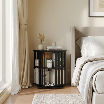 Rotating Bookcase Tower, 2 Tier Black Bamboo Corner Bookshelf With Display Organizer & Floor Storage Rack, 360°Swivel Narrow Space-Saving Design