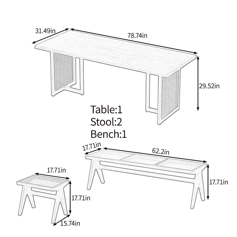 Tasteful table set in solid wood, 29.52"H x 78.74"L x 31.49"W