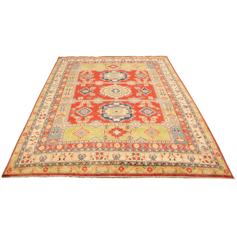 Tapis décoratif en laine noué à la main de conception unique 9 pi x 12 pi 4 po « New Age » en laine rouge/beige
