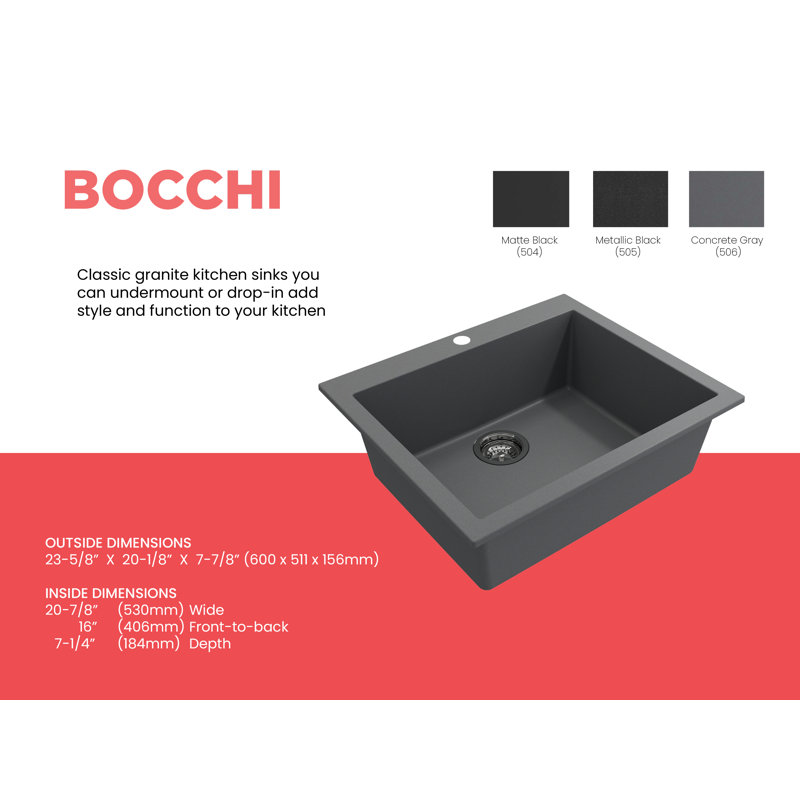 Campino 24'' L Single Basin Kitchen Sink, Concrete Gray