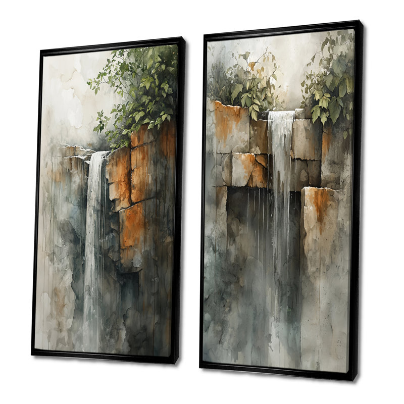 Chute d'eau Oasis I - Ensemble de 2 pièces d'art mural en cascade, H 32 po x l 32 po, Noir, noir, noir, noir