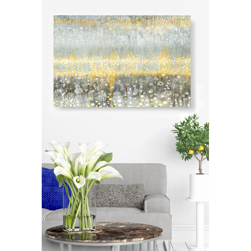 Pluie abstraite, fraîche, contemporaine, jaune, or, brun clair, gris, H 24 po x l 36 po x P 1,5 po