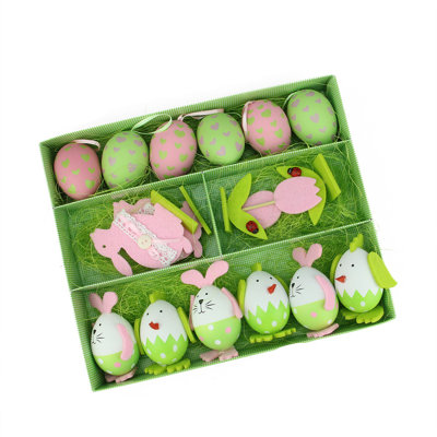 16 Piece Pink Green and White Easter Egg Chicken and Bunny Spring Decorations Set