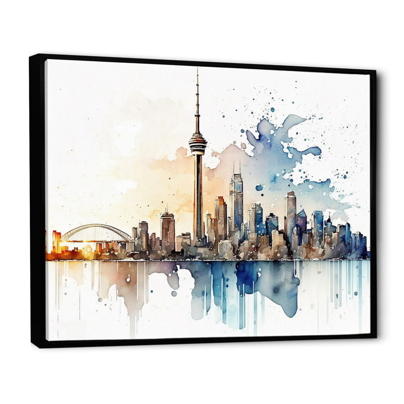Toronto Skyline I - Print on Canvas, 24" H x 32" W x 1" D, Black Floater Framed
