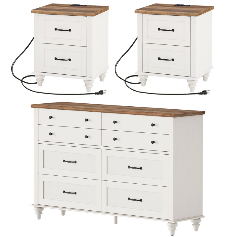 Ensemble de chambre à coucher 3 pièces Elyam, Blanc cassé