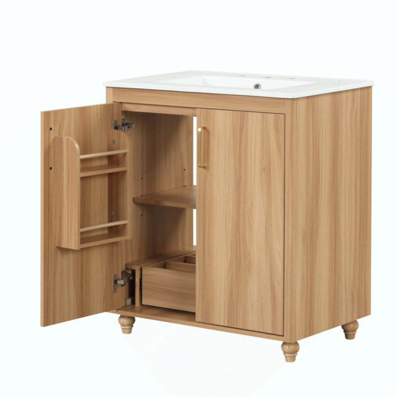 Ensemble de meuble-lavabo avec lavabo, armoire de salle de bain multifonctionnelle avec portes et tiroir, panneau de fibres à densité moyenne