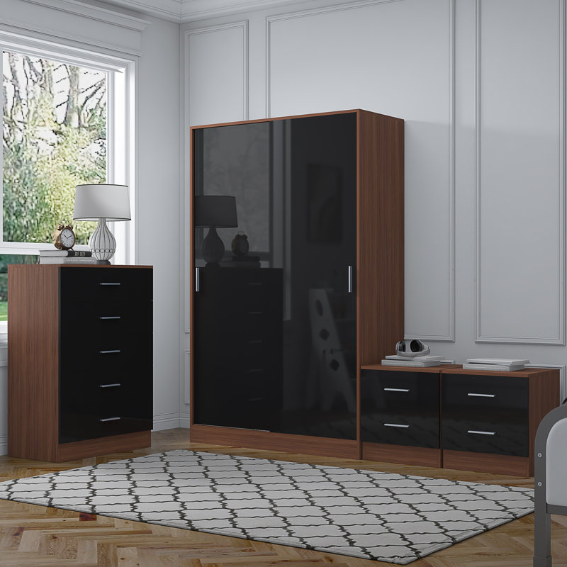 Eva Piece Bedroom Set, Black Gloss / Walnut