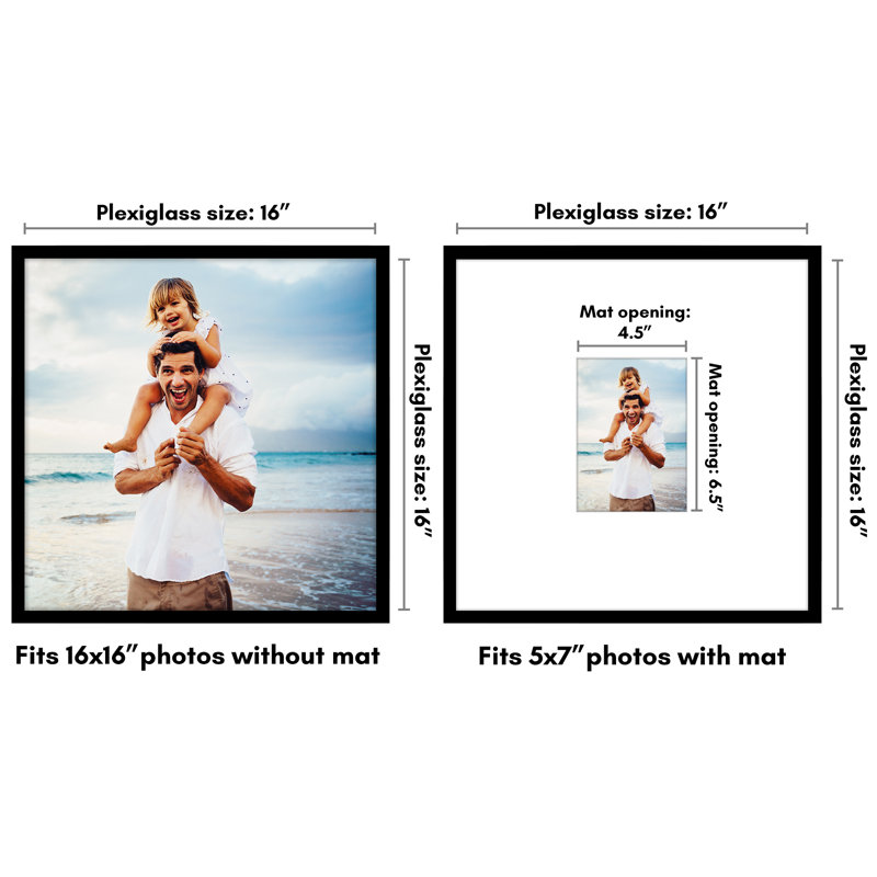 Americanflat 16x16 Picture Frame - Use as 5x7 Frame with Mat or 16x16 Frame Without Mat - Thin Photo Frame with Shatter-Resistant Glass - Black