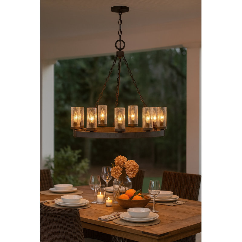 Lustre d'extérieur rustique à un niveau à 9 lumières Sawyer, Bois de séquoia