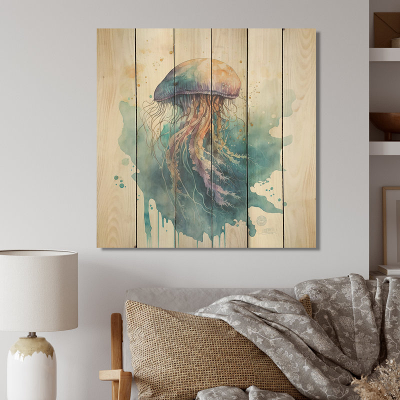 Colorful Deepsea Jellyfish III - impression sur bois, L 36 po x H 36 po x P 1,5 po