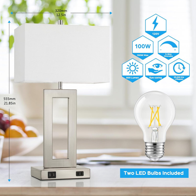 Ensemble de 2 lampes de table modernes avec commande tactile, gradation à 3 voies, 2 ports USB et prise de courant, comprenant des ampoules Edison E26, parfaites pour la chambre à coucher, le salon ou le bureau