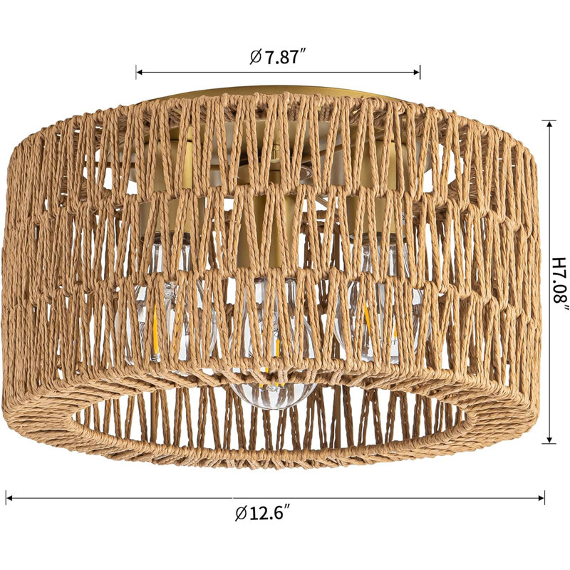 3-Light Rattan Flush Mount Ceiling Light, Gold