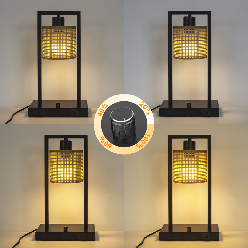 Set Of 2 Table Lamp With Rattan Shade For Reading Bedside