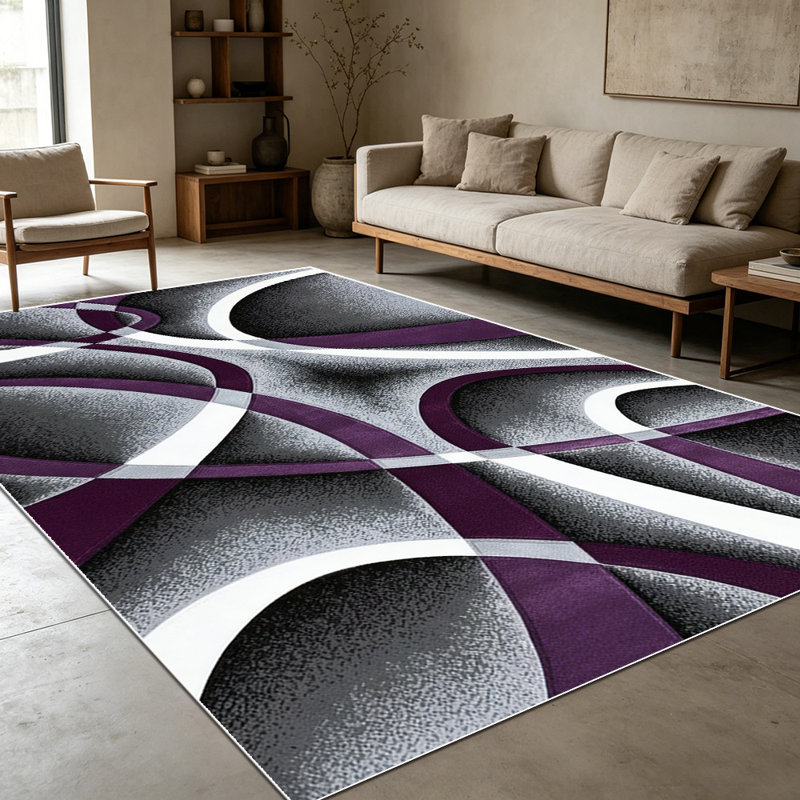 1PC Modern Abstract Purple Gray White Swirl Geometric Pattern area rugs for Living Room, Soft and Comfortable, Suitable for all seasons, easy-to-maintain, machine washable Indoor floor mat, Under Table Farmhouse suitable for dining room, entryway,