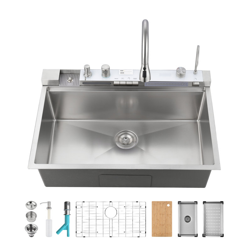 Évier de cuisine 33 po x 22 po Smart Waterfall avec affichage numérique, robinet baleine et laveuse à gobelets - évier à simple cuve en acier inoxydable