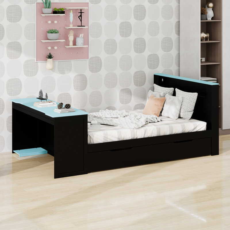 Modern Daybed With Trundle And Integrated Desk Design, Black/Blue