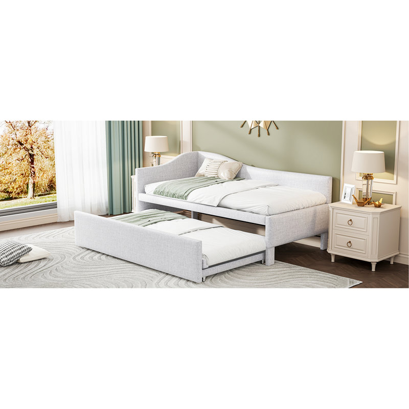 Lit de jour simple rembourré en forme de L avec lit gigogne, ton beige, sans sommier tapissier, s'adapte à toutes les tailles intérieures en forme de L escamotable multifonctionnel pour différentes pièces