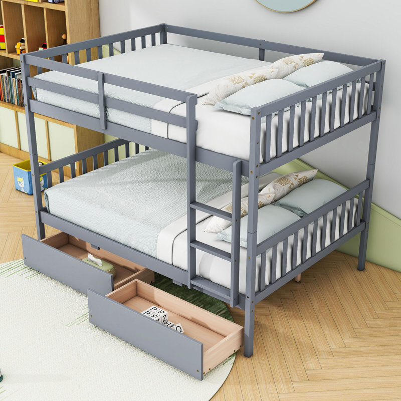Lit superposé convertible en bois avec 2 tiroirs de rangement et échelle, Gris, Lit superposé double sur double