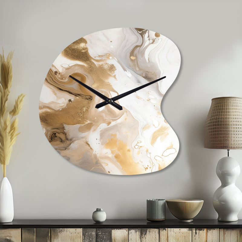 Gold And Grey A Marble Effect IV - Drop Shape Unique Abstract Marble Wall Clock, Small