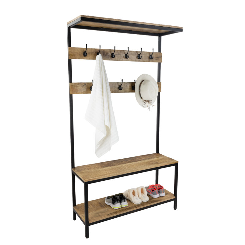 71" Tall Industrial Mango Wood & Iron Hall Tree with Coat Hooks and Storage Bench