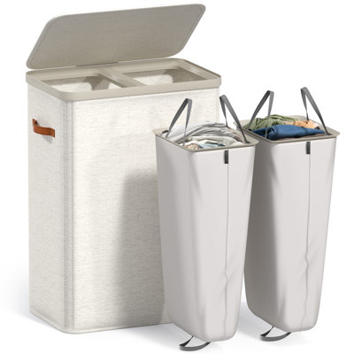  Fabric Laundry Hamper - Collapsible 2-Compartment Laundry Basket with Removable Laundry Bag - Beige