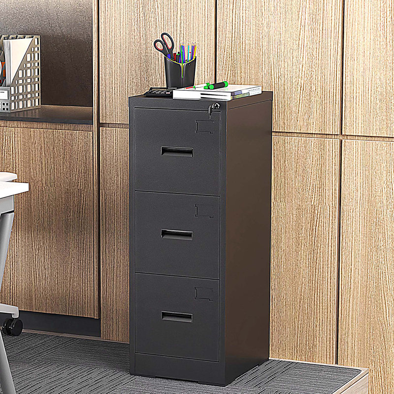 3 Drawer Metal Vertical File Cabinet with Lock and Card Slot, Black