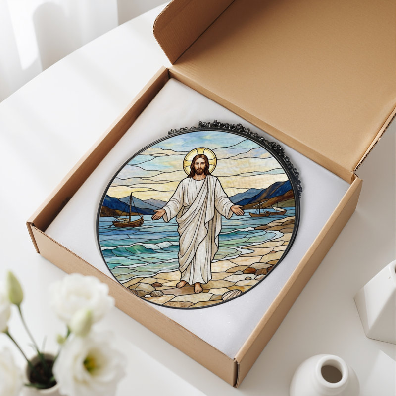 Jesus Walking Stained Glass Window Panel，12"H, 12"H
